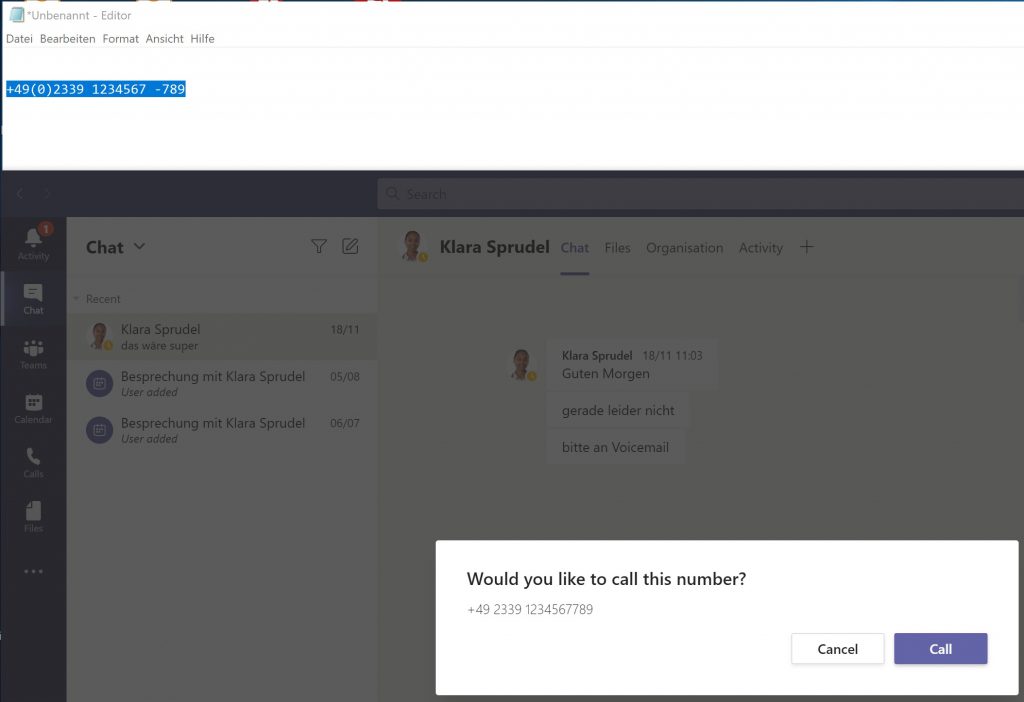 Auto dial with Microsoft Teams - Start a test call