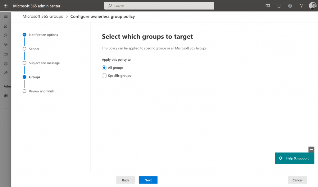 Screenshot for configuring ownerless group policy for all or specific groups