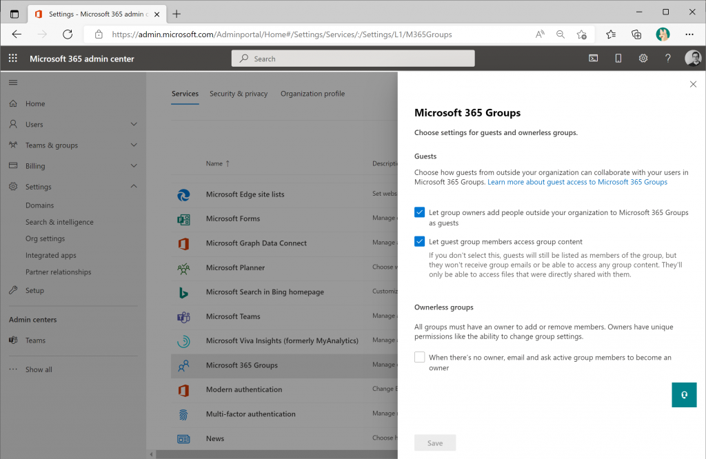 Screenshot of the Microsoft 365 group settings in the Microsoft Admin Center. The ownerless groups feature is disabled by default.