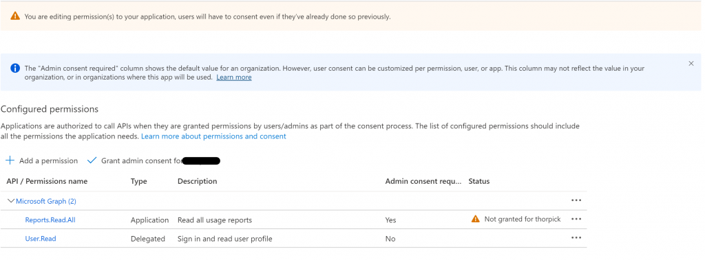 Screenshot about missing admin grant consent in the Azure AD portal