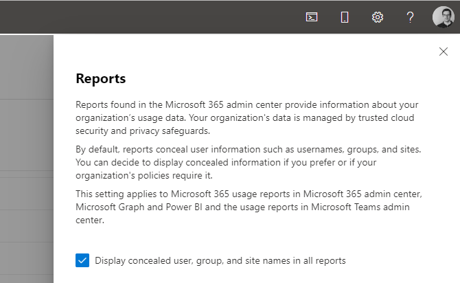Screenshot of the Microsoft Admin Center and the setting to enable/disable displaying concealed username and group name in usage reports
