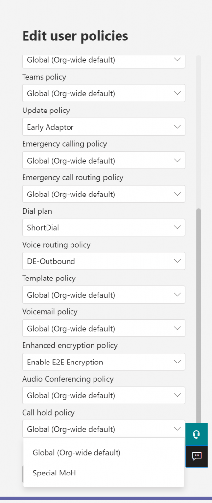 Screenshot how to Assign Call Hold policy to individual user