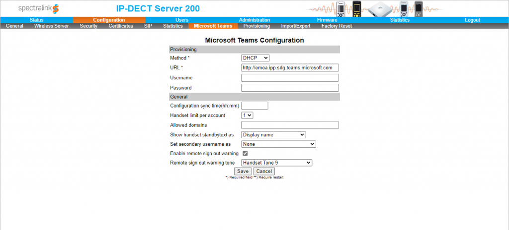 Screenshot of Spectralink Teams configuration page in blog post Spectralink IP DECT system Microsoft Teams