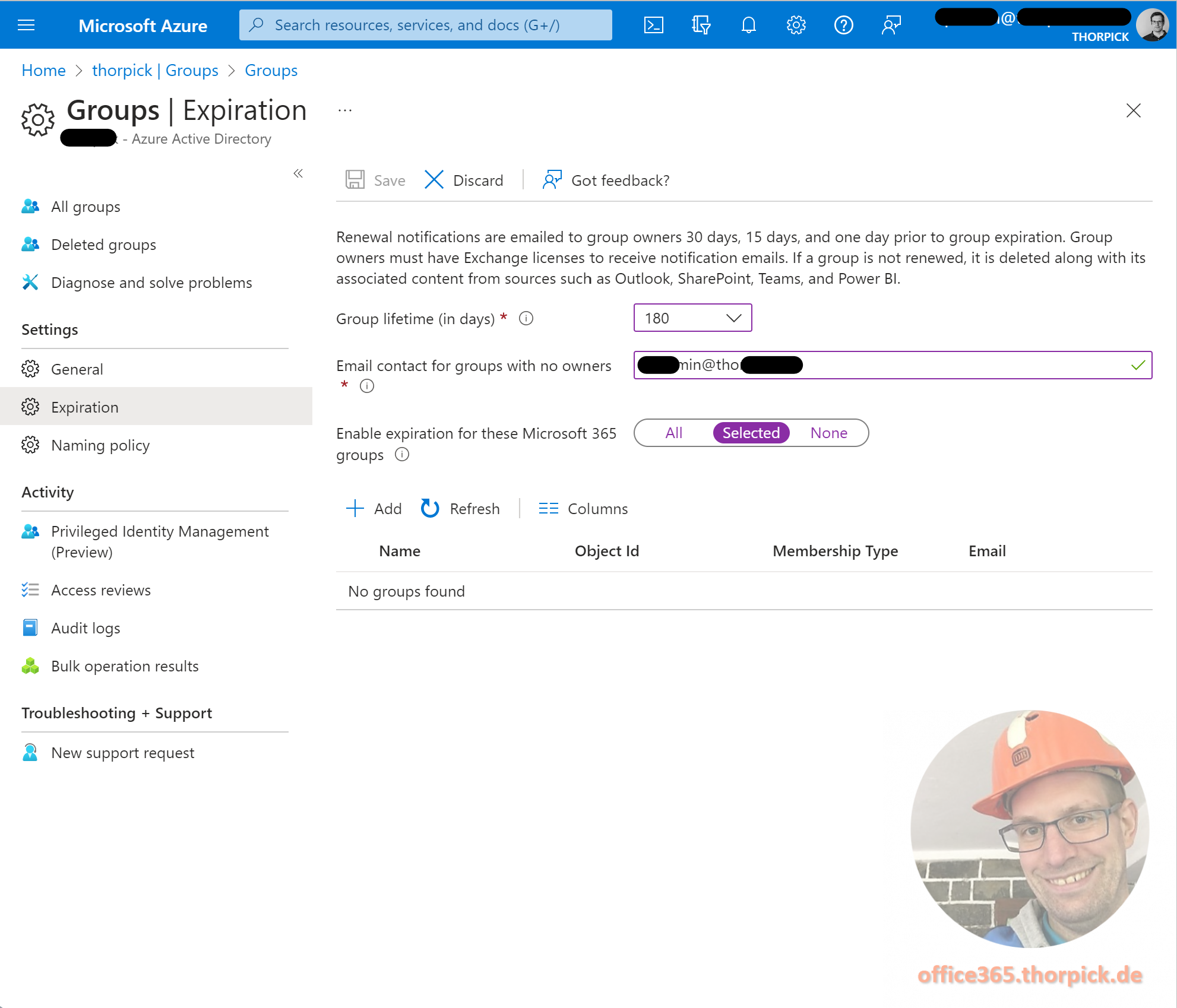 Find inactive Teams with Azure Automation - Screenshot of group expiration policy settings in Entra Id