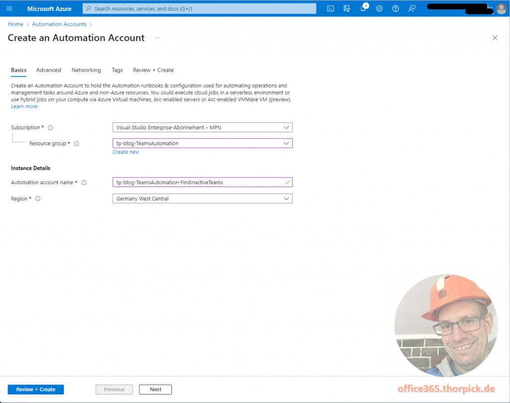Find inactive Teams with Azure Automation - Screenshot Creating a new Azure Automation Account