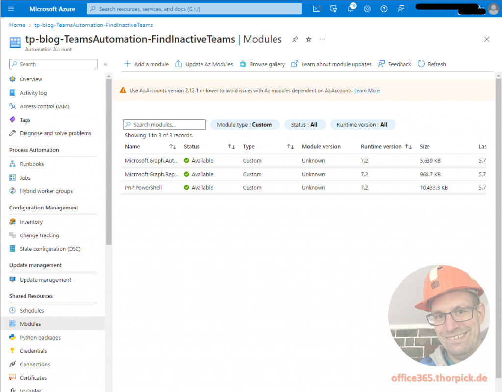 Find inactive Teams with Azure Automation - Overview of required modules in Azure Automation Account