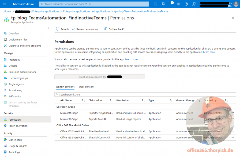 Find inactive Teams with Azure Automation - Overview of granted permissions to Managed Identity