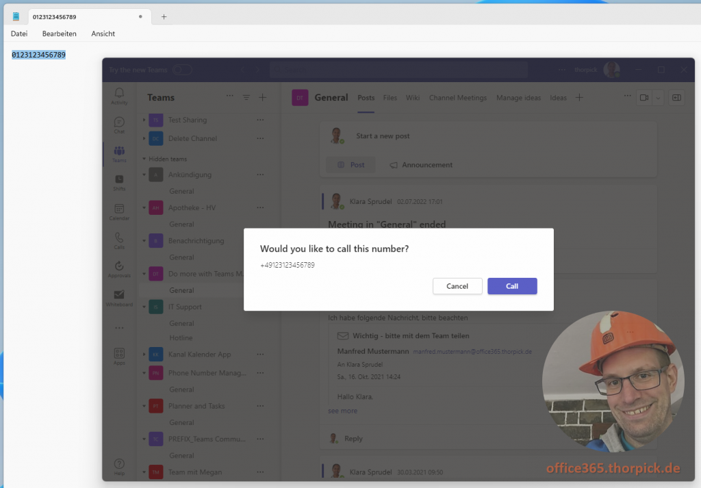 Auto dial with Microsoft Teams - screenshot of dialing the number in the Microsoft Teams classic client