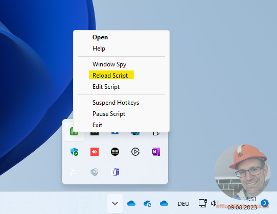 Auto dial with Microsoft Teams -screenshot of the AutoHotkey tray icon menu